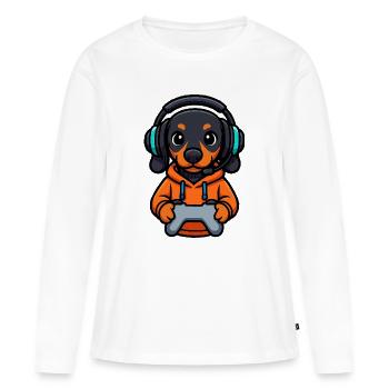Teckel de jeu mignon avec casque - T-shirt manches longues Premium bio Femme - blanc - Devant - Julia (174cm)