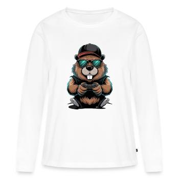  Cooler Gamer Biber Mit Controller Und - Frauen Premium Bio Langarmshirt - Weiß - Vorne - Julia (174cm)