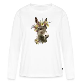 Âne avec couronne de fleurs - T-shirt manches longues Premium bio Femme - blanc - Devant - Julia (174cm)