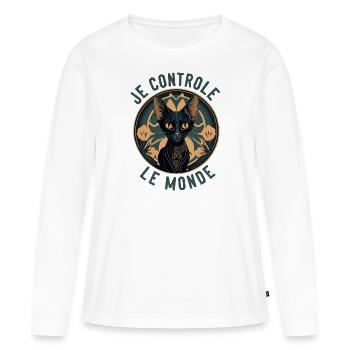 Hypnotisches Katzenporträt: Ich kontrolliere die Welt - Frauen Premium Bio Langarmshirt - Weiß - Vorne - Julia (174cm)