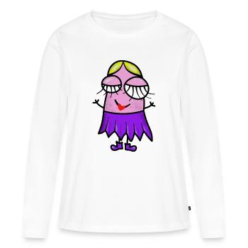 Fille aux vêtements violets et au visage satisfait - T-shirt manches longues Premium bio Femme - blanc - Devant - Julia (174cm)