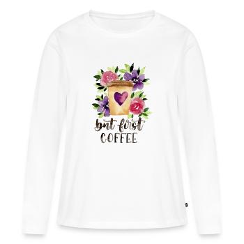 Mais d'abord le café - une tasse de café avec des fleurs - T-shirt manches longues Premium bio Femme - blanc - Devant - Julia (174cm)