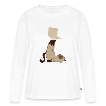 Chat avec ordinateur portable - T-shirt manches longues Premium bio Femme - blanc - Devant - Julia (174cm)