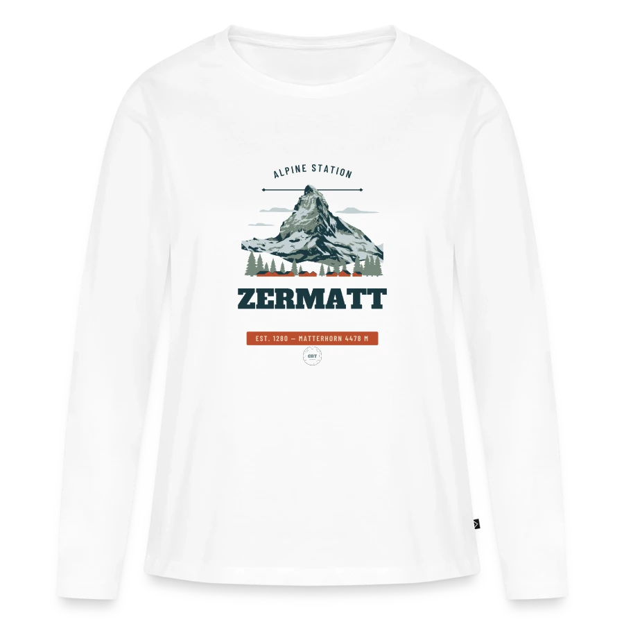 Zermatt badge on a women's premium organic long sleeve shirt, white