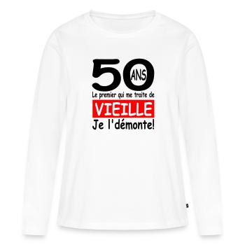 Anniversaire 50 ans / 50 ans /cadeau 50 ans - T-shirt manches longues Premium bio Femme - blanc - Devant - Julia (174cm)