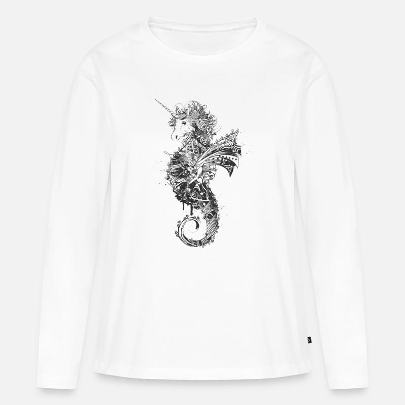 kunstvolle Zeichnung eines Einhorn Seepferdchen - Frauen Premium Bio Langarmshirt - Weiß