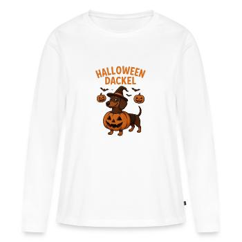 Halloween Dackel mit Kürbismotiv - Frauen Premium Bio Langarmshirt - Weiß - Vorne - Julia (174cm)