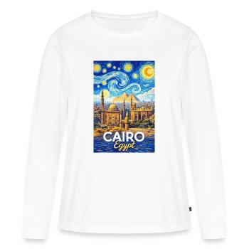 Les Nuits du Caire : Pyramides et étoiles - T-shirt manches longues Premium bio Femme - blanc - Devant - Julia (174cm)