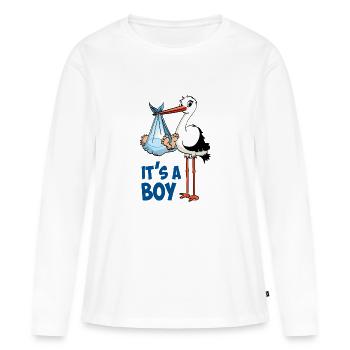 Storch mit dem kleinen Jungen; "Es ist ein Junge" - Frauen Premium Bio Langarmshirt - Weiß - Vorne - Julia (174cm)