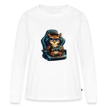 Gamer Eulenheld im Headset - Frauen Premium Bio Langarmshirt - Weiß - Vorne - Julia (174cm)
