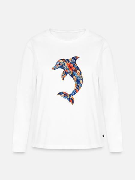 Patchwork-Delfin mit Blumenkraft - Frauen Premium Bio Langarmshirt - Weiß