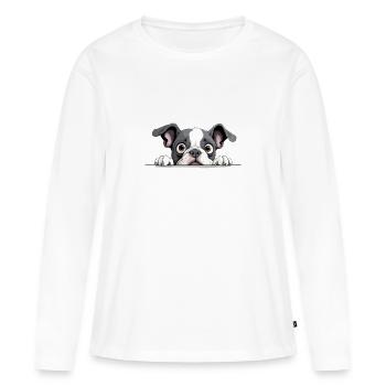 Bouledogue français Coup d’œil mignon Adorable animal drôle - T-shirt manches longues Premium bio Femme - blanc - Devant - Julia (174cm)