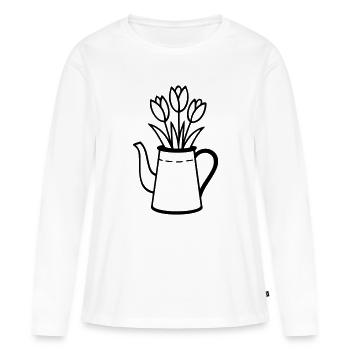 Cruche avec tulipes – motif de fleurs de printemps - T-shirt manches longues Premium bio Femme - blanc - Devant - Julia (174cm)