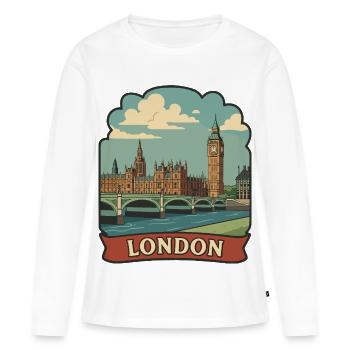 Badge de voyage vintage du bus rouge Big Ben de Londres - T-shirt manches longues Premium bio Femme - blanc - Devant - Julia (174cm)