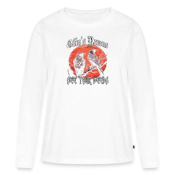 Les yeux d’Odin | T-shirt Viking | Corbeau d’Odin - T-shirt manches longues Premium bio Femme - blanc - Devant - Julia (174cm)