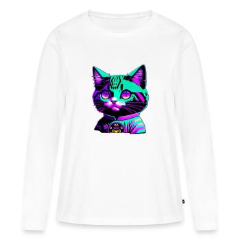 Chat funky - T-shirt manches longues Premium bio Femme - blanc - Devant - Julia (174cm)