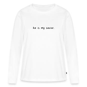 Il est mon sauveur - Sauveur Jésus-Christ - Ecriture - T-shirt manches longues Premium bio Femme - blanc - Devant - Julia (174cm)