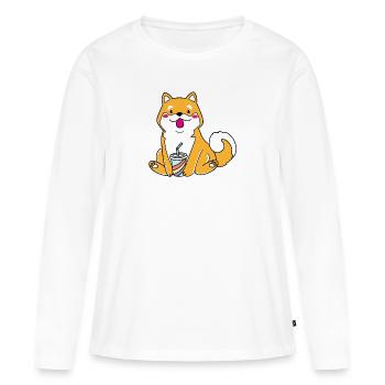 shiba inu avec gobelet en papier - T-shirt manches longues Premium bio Femme - blanc - Devant - Julia (174cm)