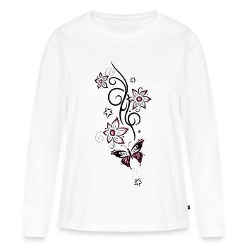 Vrille de tatouage avec des fleurs, des étoiles et des papillons - T-shirt manches longues Premium bio Femme - blanc - Devant - Julia (174cm)