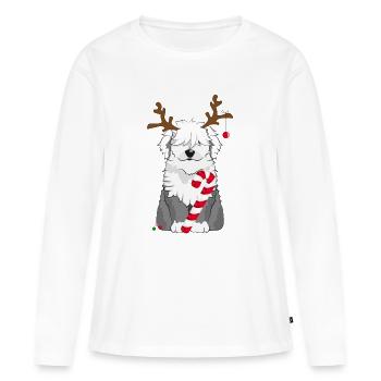 Chien bobtail avec canne à sucre et bois de renne - T-shirt manches longues Premium bio Femme - blanc - Devant - Julia (174cm)