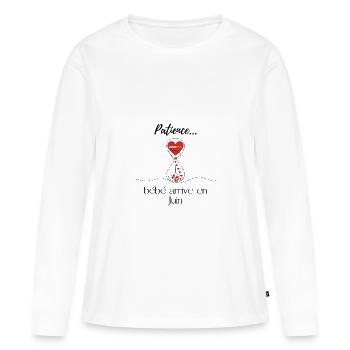 Annonce grossesse. Patience bébé arrive en Juin - T-shirt manches longues Premium bio Femme - blanc - Devant - Julia (174cm)