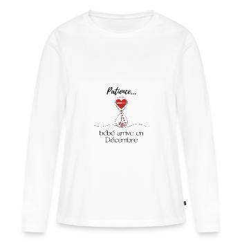 Annonce grossesse Patience bébé arrive en Décembre - T-shirt manches longues Premium bio Femme - blanc - Devant - Julia (174cm)