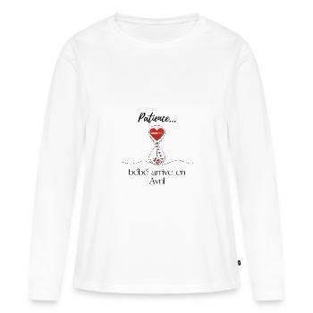 Annonce grossesse. Patience bébé arrive en Avril - T-shirt manches longues Premium bio Femme - blanc - Devant - Julia (174cm)