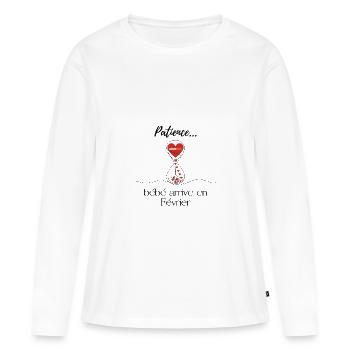 Annonce grossesse. Patience bébé arrive en Février - T-shirt manches longues Premium bio Femme - blanc - Devant - Julia (174cm)