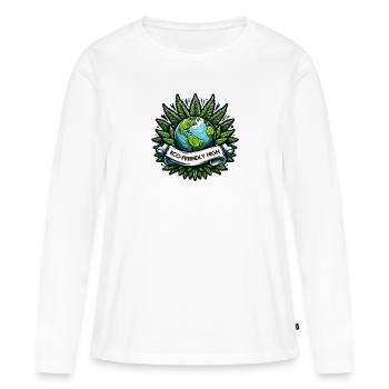 "Umweltfreundliches High": Earth & Cannabis Unity T-Shirt - Frauen Premium Bio Langarmshirt - Weiß - Vorne - Julia (174cm)