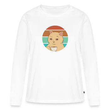 Chat avec un café | Journée de travail fatiguée - T-shirt manches longues Premium bio Femme - blanc - Devant - Julia (174cm)