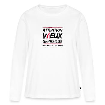 ATTENTION, VIEUX GRINCHEUX ! - T-shirt manches longues Premium bio Femme - blanc - Devant - Julia (174cm)