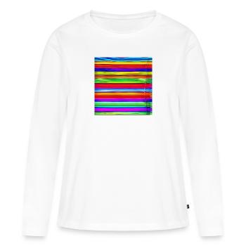 fines bandes horizontales de couleurs folles - T-shirt manches longues Premium bio Femme - blanc - Devant - Julia (174cm)