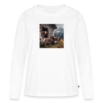Kuh und Motorrad auf der Alm - Frauen Premium Bio Langarmshirt - Weiß - Vorne - Julia (174cm)