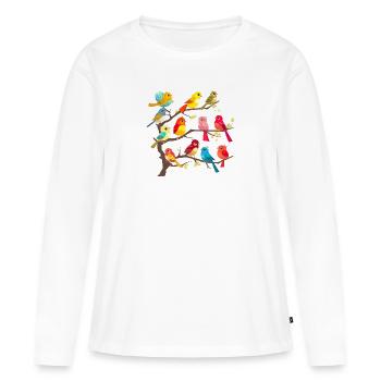 Oiseaux colorés sur les branches - T-shirt manches longues Premium bio Femme - blanc - Devant - Julia (174cm)