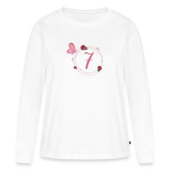 7e anniversaire papillon et fleurs fillettes - T-shirt manches longues Premium bio Femme - blanc - Devant - Julia (174cm)