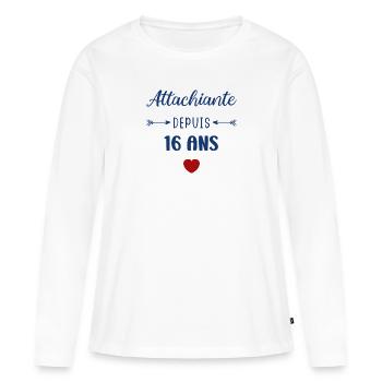 Attachiante depuis 16 ans - T-shirt manches longues Premium bio Femme - blanc - Devant - Julia (174cm)