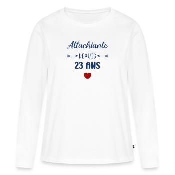 Attachiante depuis 23 ans - T-shirt manches longues Premium bio Femme - blanc - Devant - Julia (174cm)