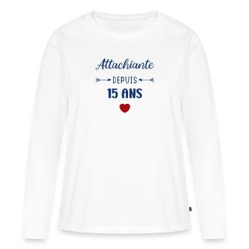 Attachiante depuis 15 ans - T-shirt manches longues Premium bio Femme - blanc - Devant - Julia (174cm)