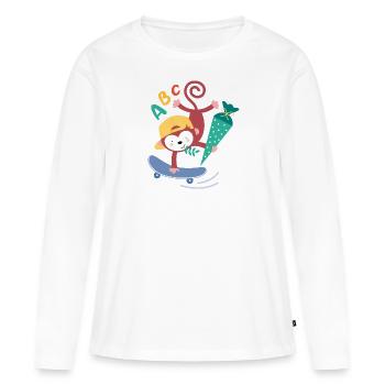 Singe sur planche à roulettes avec cône d’écolier - T-shirt manches longues Premium bio Femme - blanc - Devant - Julia (174cm)
