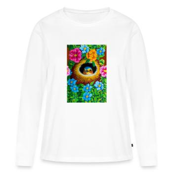Vogel in seinem Nest umgeben von Blumen - Frauen Premium Bio Langarmshirt - Weiß - Vorne - Julia (174cm)