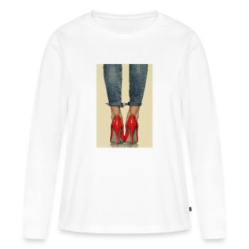 Jeans et talons hauts rouges | IA - T-shirt manches longues Premium bio Femme - blanc - Devant - Julia (174cm)