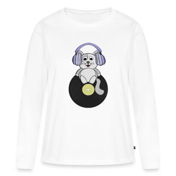 Chaton nostalgique qui aime les disques vinyles - T-shirt manches longues Premium bio Femme - blanc - Devant - Julia (174cm)