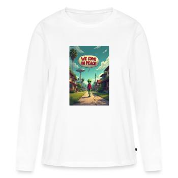 Ein netter, kleiner Alien entsteigt seinem UFO - Frauen Premium Bio Langarmshirt - Weiß - Vorne - Julia (174cm)