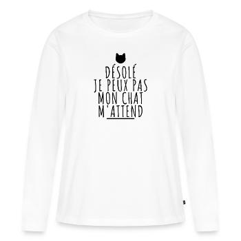 Désolé je peux pas mon chat m'attend. Tête de chat - T-shirt manches longues Premium bio Femme - blanc - Devant - Julia (174cm)