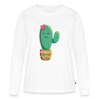 Cactus mignon avec fleur - T-shirt manches longues Premium bio Femme - blanc - Devant - Julia (174cm)