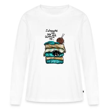 Zuhause ist, wo die Wolle ist - und die Katze - Frauen Premium Bio Langarmshirt - Weiß - Vorne - Julia (174cm)