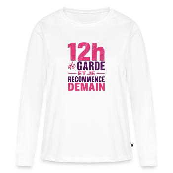 T-shirt infirmière 12h de garde humour soignante  - T-shirt manches longues Premium bio Femme - blanc - Devant - Julia (174cm)