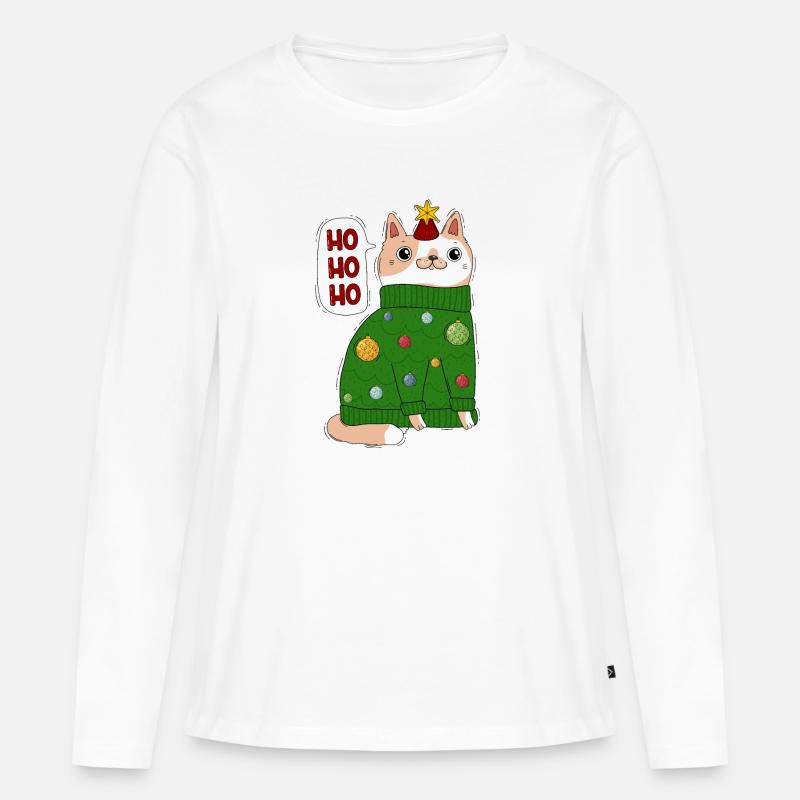 Katze im Weihnachtspullover - Frauen Premium Bio Langarmshirt - Weiß