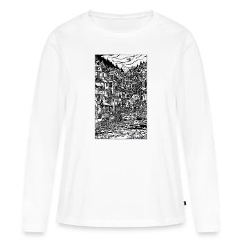Scène complexe de village à l’encre - T-shirt manches longues Premium bio Femme - blanc - Devant - Julia (174cm)