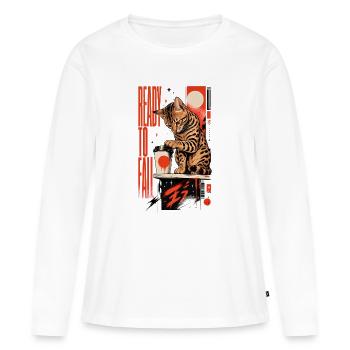 Prêt à tomber – Chat Bengale Espiègle - T-shirt manches longues Premium bio Femme - blanc - Devant - Julia (174cm)